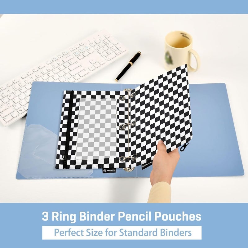 BOENLE Black White Checkered Pattern Pencil Pouch for 3 Ring Binder, 2 Pack Waterproof Pencil Bags Clear Window Pencil Case Zipper School Office Supplies - Image 4